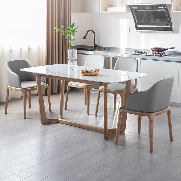 White Dining Table with Trestle Base Modern Natural Frame Dinner Room Kitchen Table