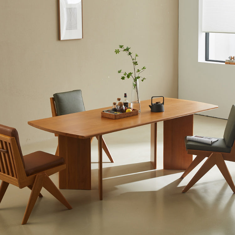 Modern Double Pedestal Table Rectangle Solid Wood Dining Room Table in Natural