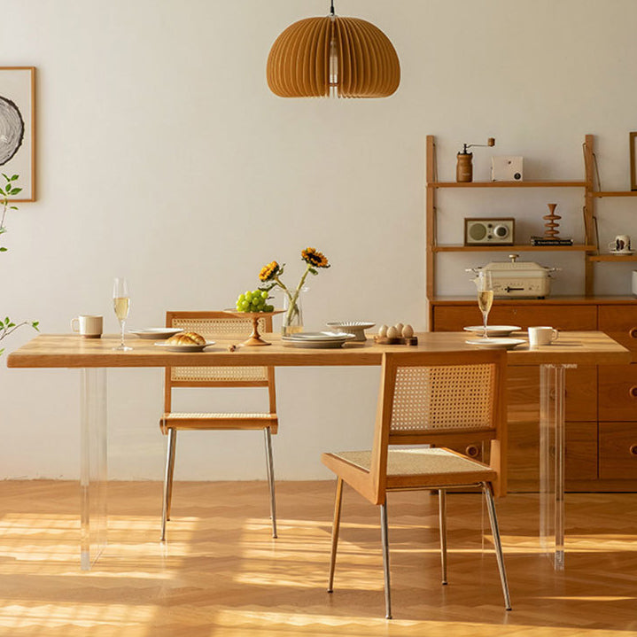 Natural Solid Wood Dining Table Modern Indoor Furniture with Acrylic Double Pedestal Base