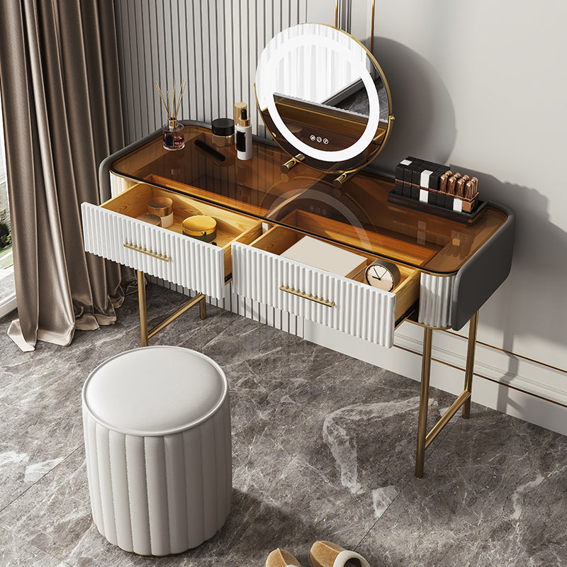 Glam Glass Top Vanity Makeup Table Stool Set with Storage Drawers