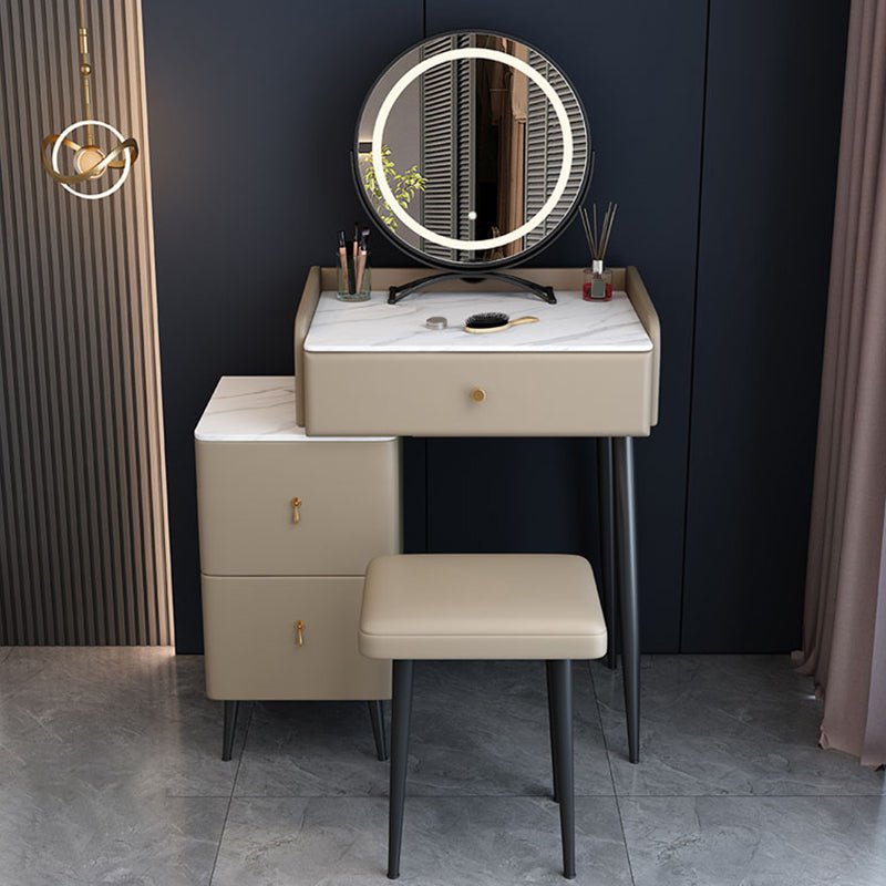 Modern 3 Drawers Vanity Desk 23.62" W Stone Top Dressing Table Stool Set
