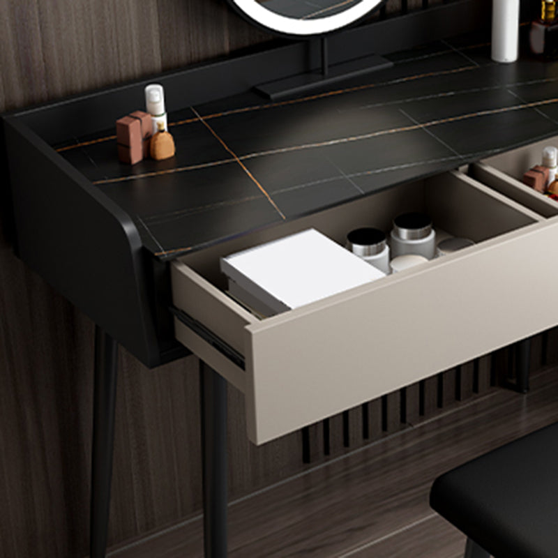 Black Stone Top Vanity Desk Contemporary 2 Drawers Dressing Table with Stool