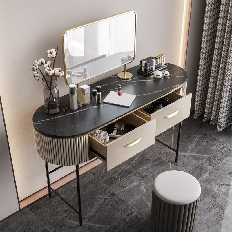 2 Storage Drawers Vanity Table Modern Stone Dressing Table with Mirror and Stool