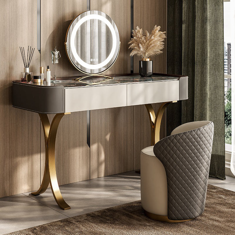2 Drawers Vanity Set with Stool Glam Stone Top Makeup Vanity Desk