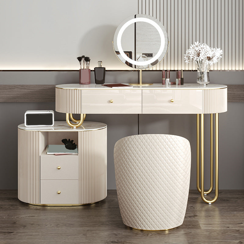 Luxurious Stone Vanity Table with Drawers 30.7" H Makeup Dressing Table Stool Set in Beige