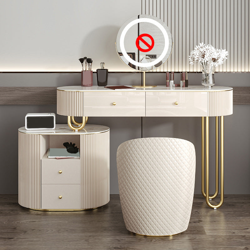 Luxurious Stone Vanity Table with Drawers 30.7" H Makeup Dressing Table Stool Set in Beige