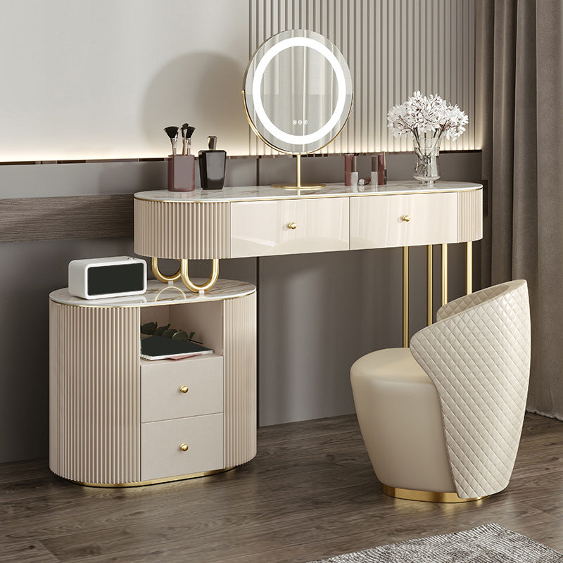 Luxurious Stone Vanity Table with Drawers 30.7" H Makeup Dressing Table Stool Set in Beige
