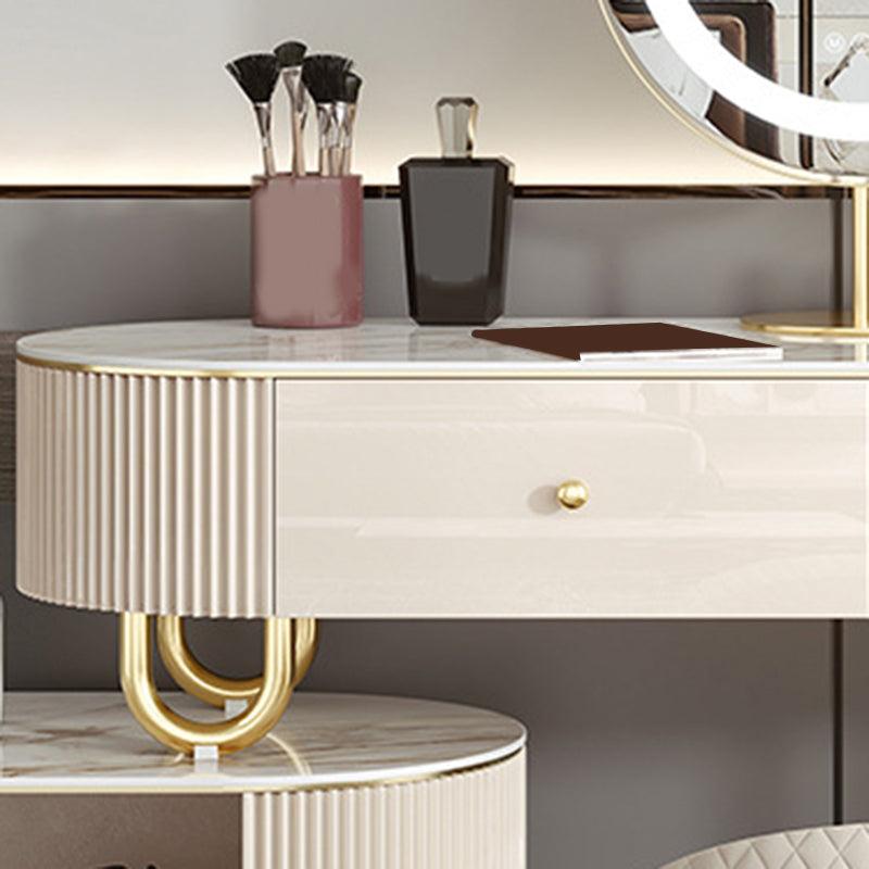 Luxurious Stone Vanity Table with Drawers 30.7" H Makeup Dressing Table Stool Set in Beige