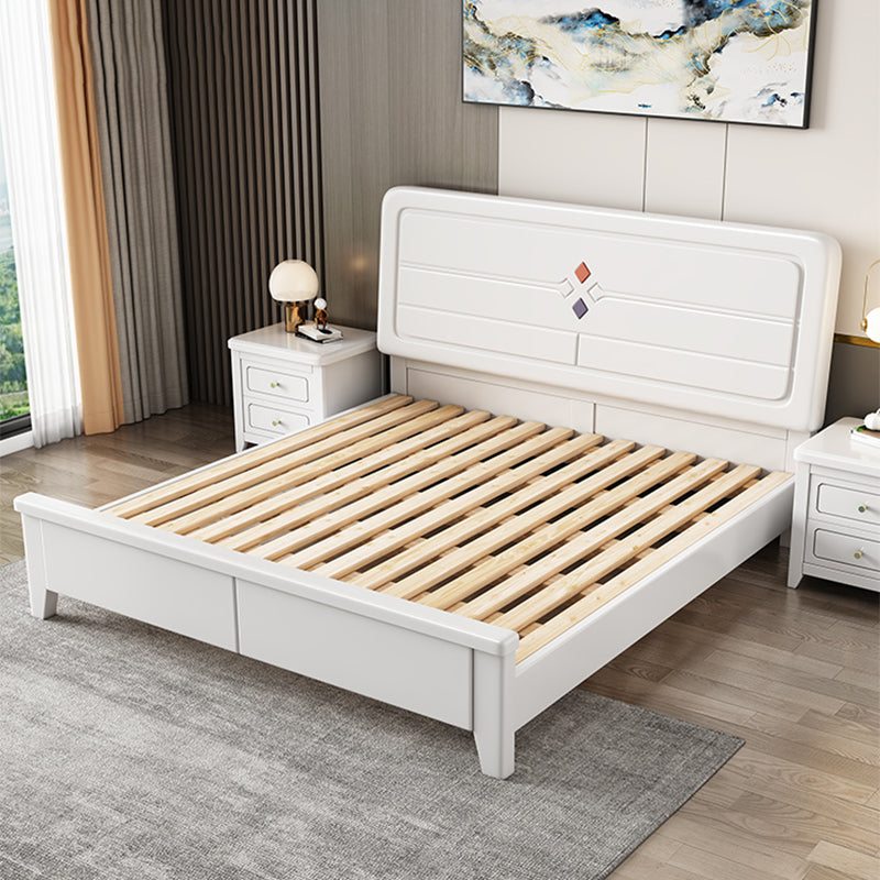 White Contemporary Panel Bed Solid Wood Bed Frame, 44.5" Tall