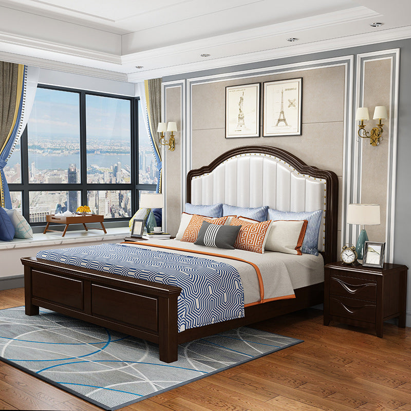 Contemporary Bed Frame Rubber Wood Panel Bed with Upholstered Headboard