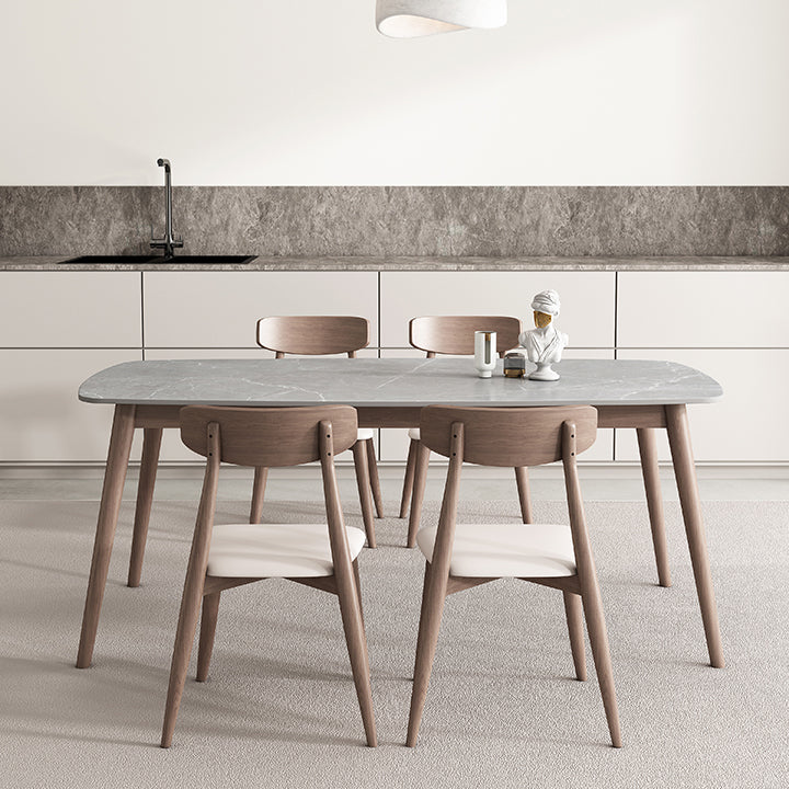 Mid-century Dining Table Stone Top Dining Table with Solid Wood Base
