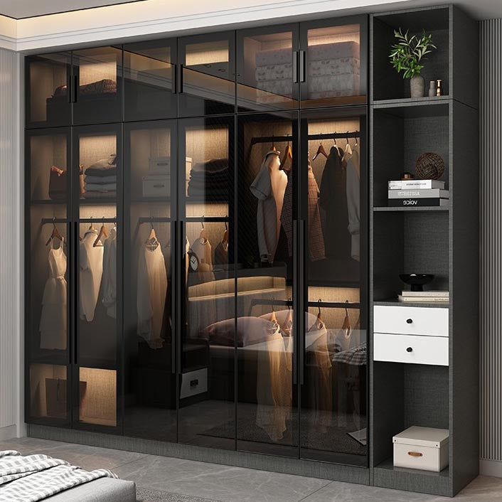 Contemporary Wardrobe Armoire with Shelves Wood and Glass Wardrobe Closet