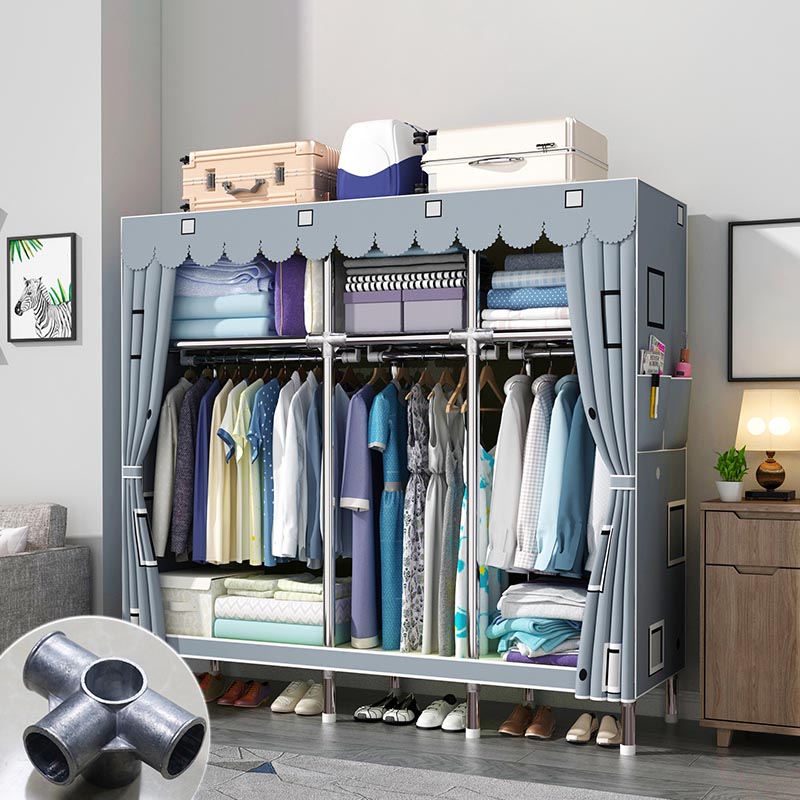 Modern Style Metal Wardrobe 3-Tier Cloth Rod Included Wardrobe Closet