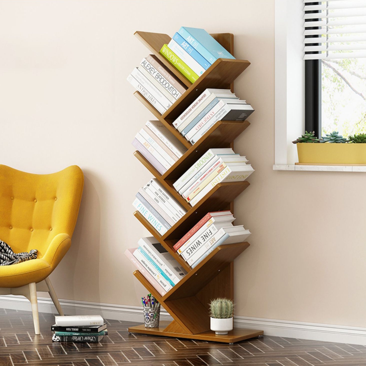 Modern Bamboo Bookshelf Geometric Closed Back Vertical Bookcase