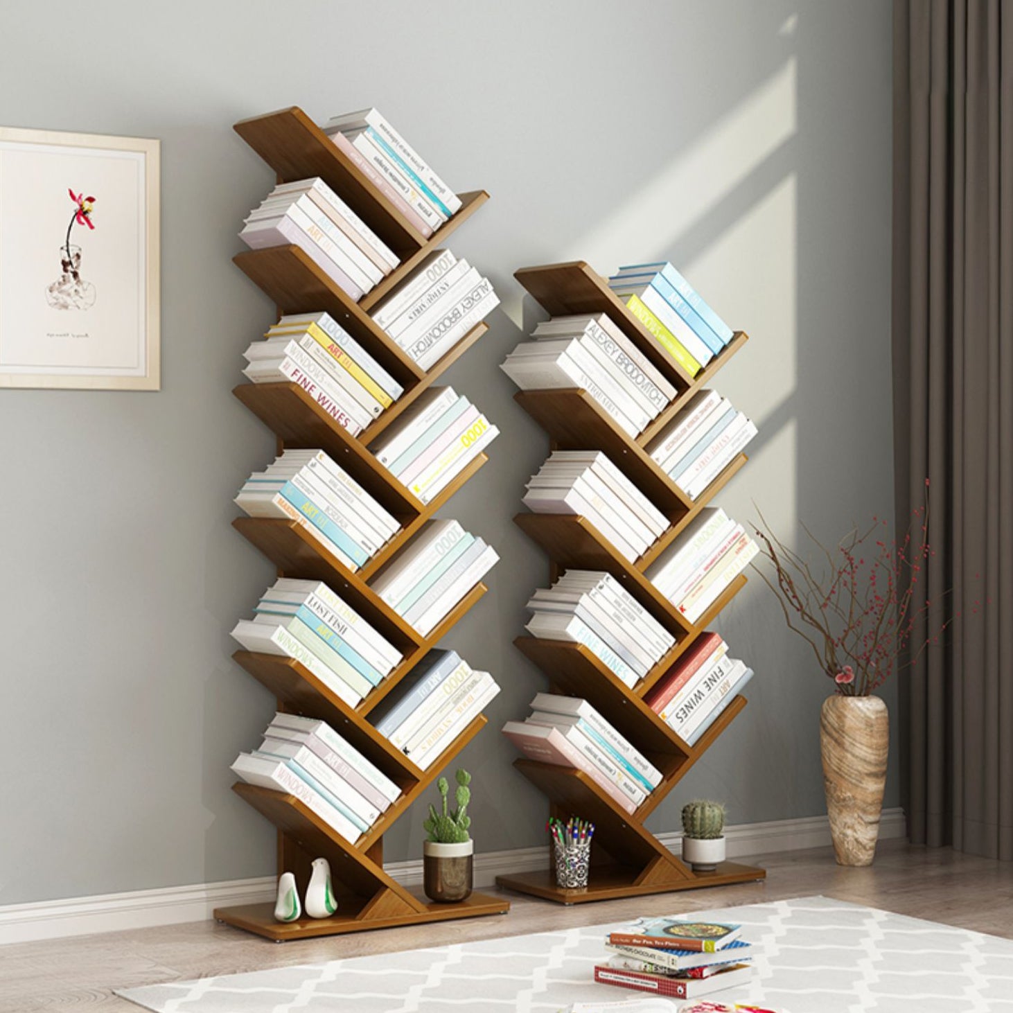 Modern Bamboo Bookshelf Geometric Closed Back Vertical Bookcase
