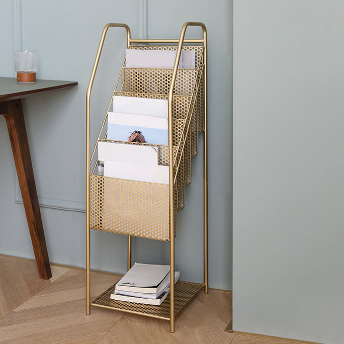 Modern Metal Bookshelf Geometric Closed Back Vertical Bookcase in Burnish