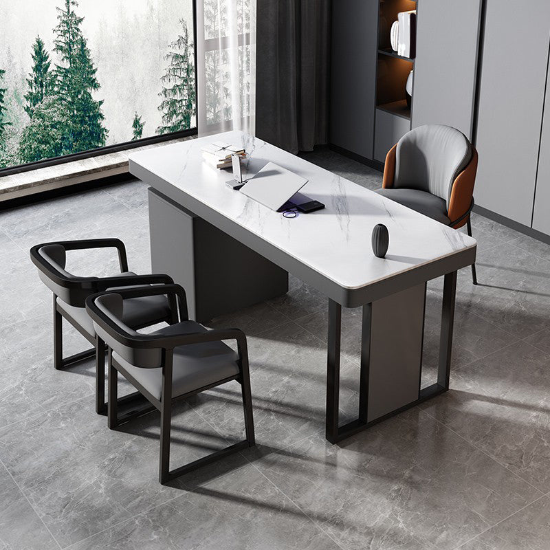 Grey and White Office Desk with File Cabinet Writing Desk Cable Management