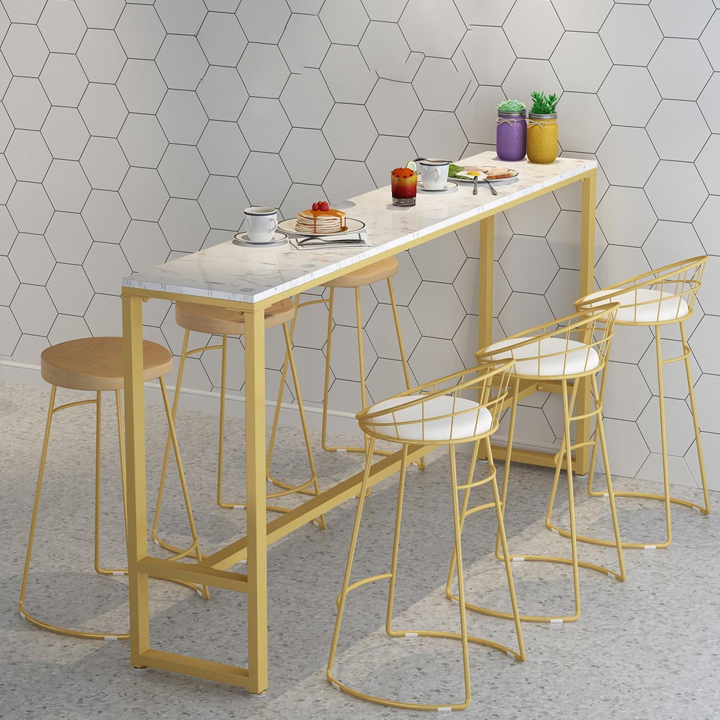 Modern Marble Bar Table Set 1/2/7 Pieces Rectangle White Trestle Table and Stool Set