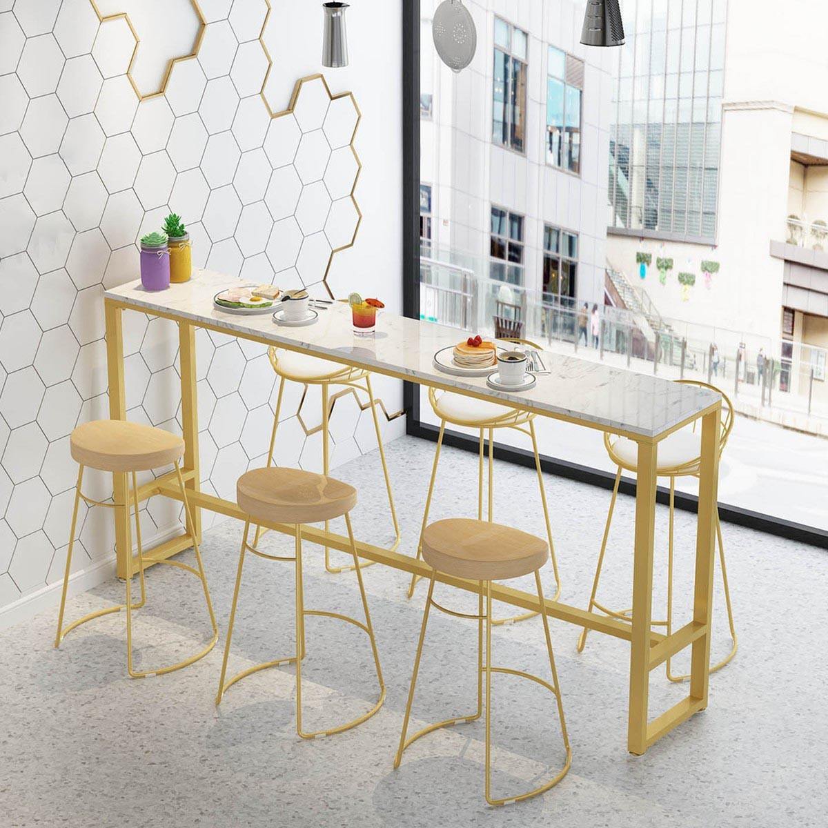 Modern Marble Bar Table Set 1/2/7 Pieces Rectangle White Trestle Table and Stool Set