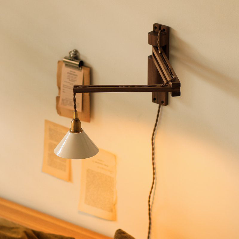 Retro Style Wood Wall Light Metal Shade Fold Wall Sconce for Living Room