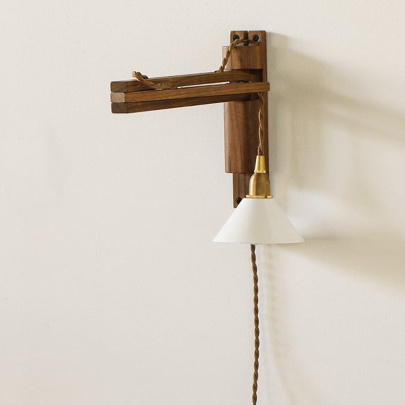 Retro Style Wood Wall Light Metal Shade Fold Wall Sconce for Living Room