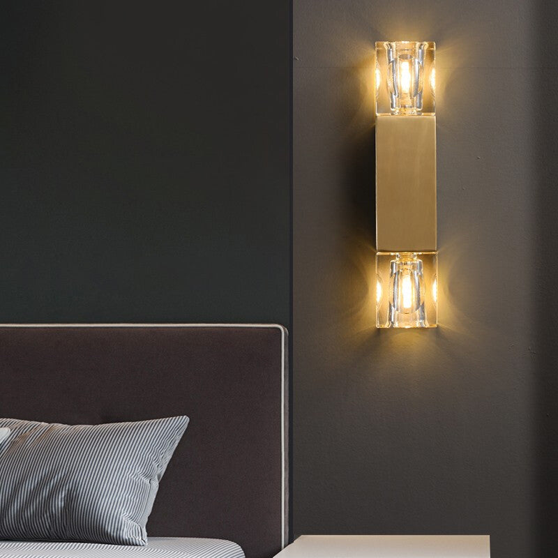 Modern Brass Wall Light Cuboid 12.5" High Wall Sconce with Crystal for Living Room