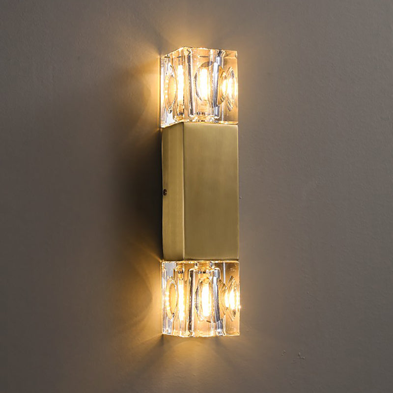 Modern Brass Wall Light Cuboid 12.5" High Wall Sconce with Crystal for Living Room