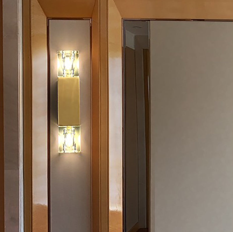 Modern Brass Wall Light Cuboid 12.5" High Wall Sconce with Crystal for Living Room