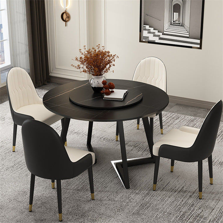 Black Double Pedestal Table Modern Round Stone and Metal Dining Room Table