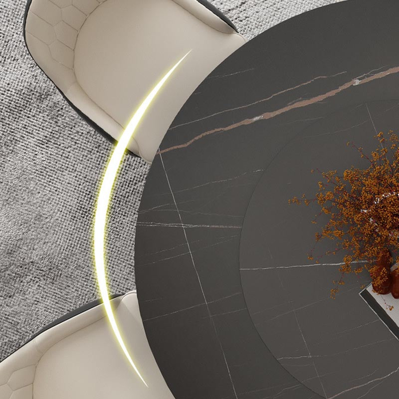 Black Double Pedestal Table Modern Round Stone and Metal Dining Room Table