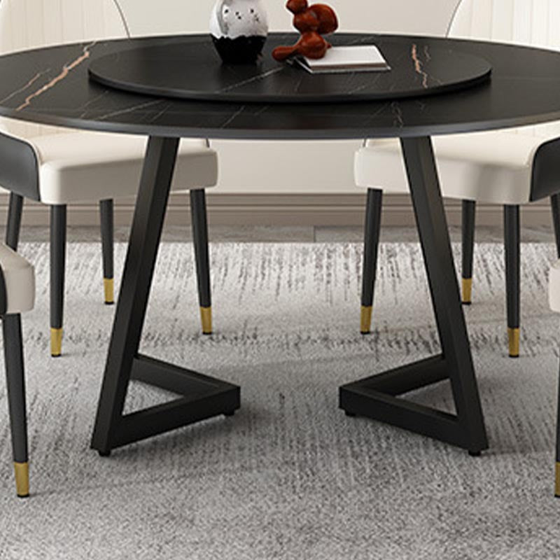 Black Double Pedestal Table Modern Round Stone and Metal Dining Room Table