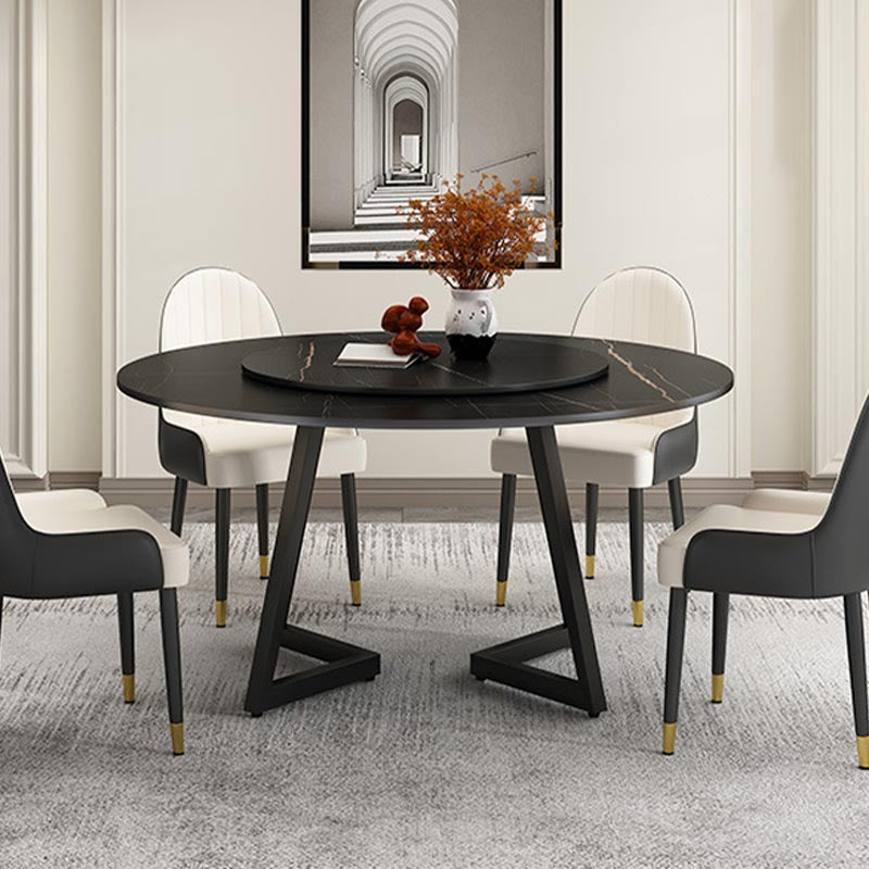 Black Double Pedestal Table Modern Round Stone and Metal Dining Room Table