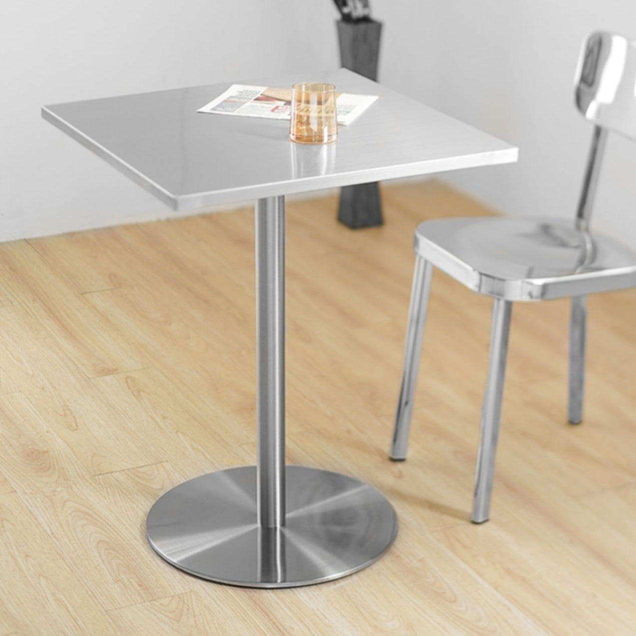 Square Dining Table Industrial Stainless Steel Table with Pedestal Base