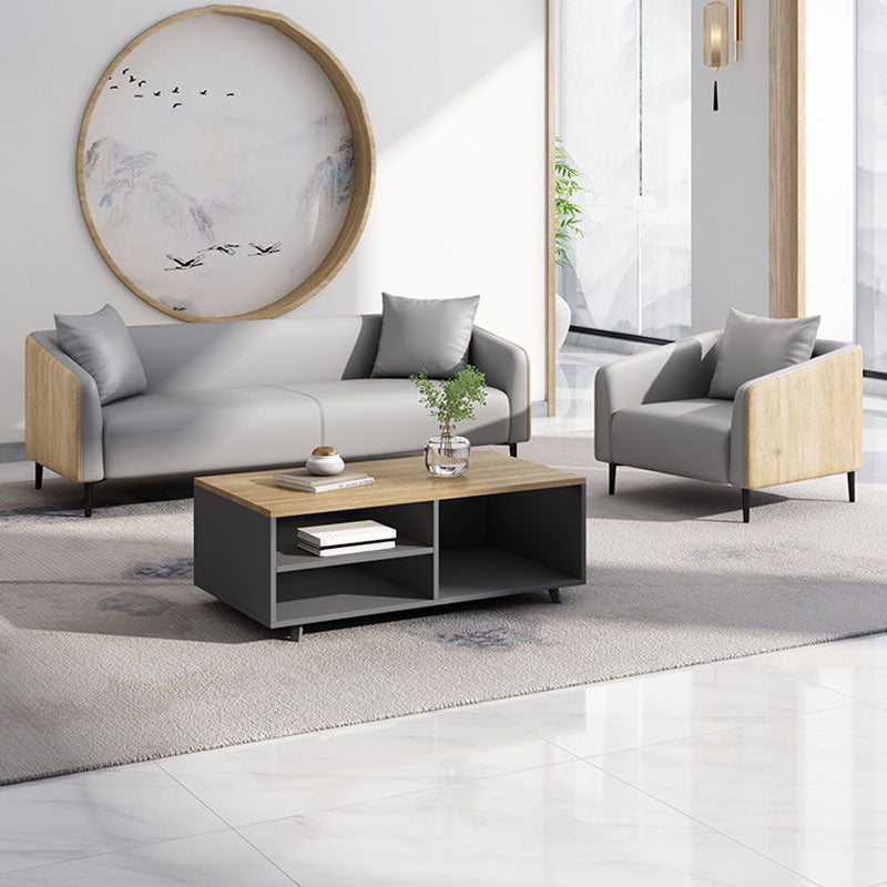 Modernism Faux Leather Sofa Tuxedo Arm Sofa with Wood Grain Accent