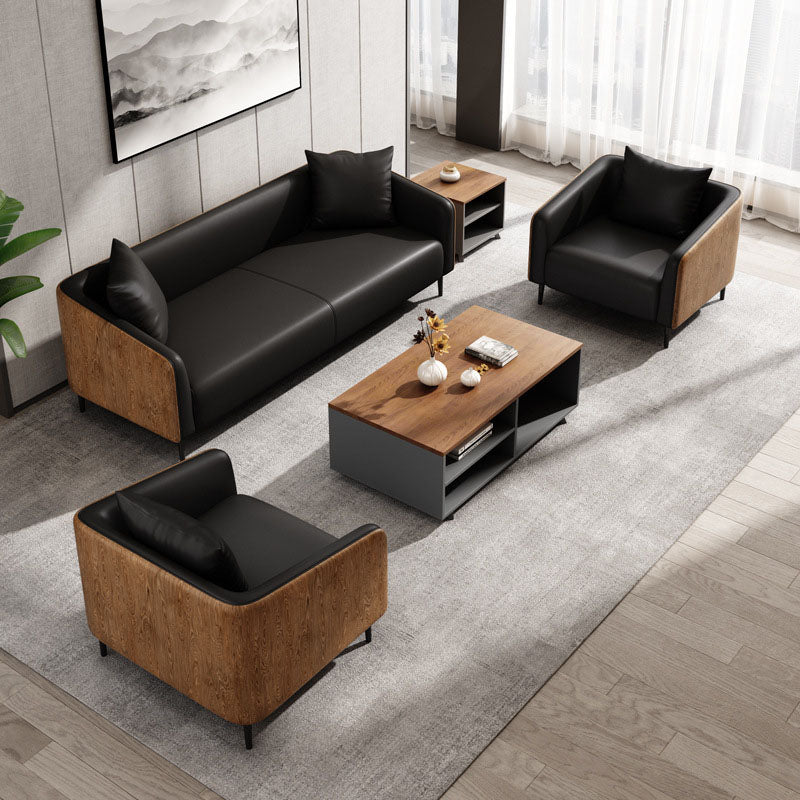 Modernism Faux Leather Sofa Tuxedo Arm Sofa with Wood Grain Accent