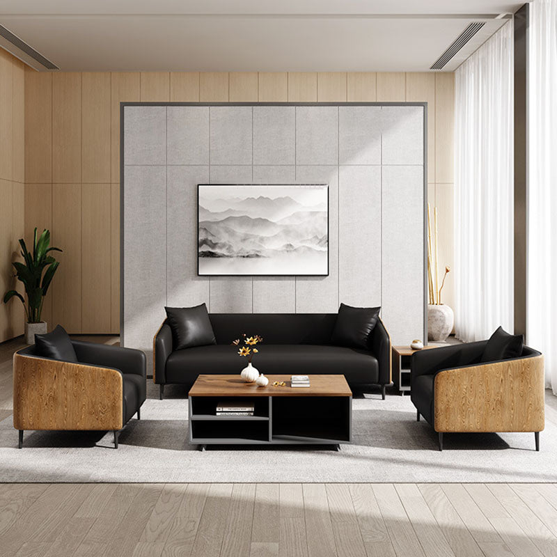 Modernism Faux Leather Sofa Tuxedo Arm Sofa with Wood Grain Accent