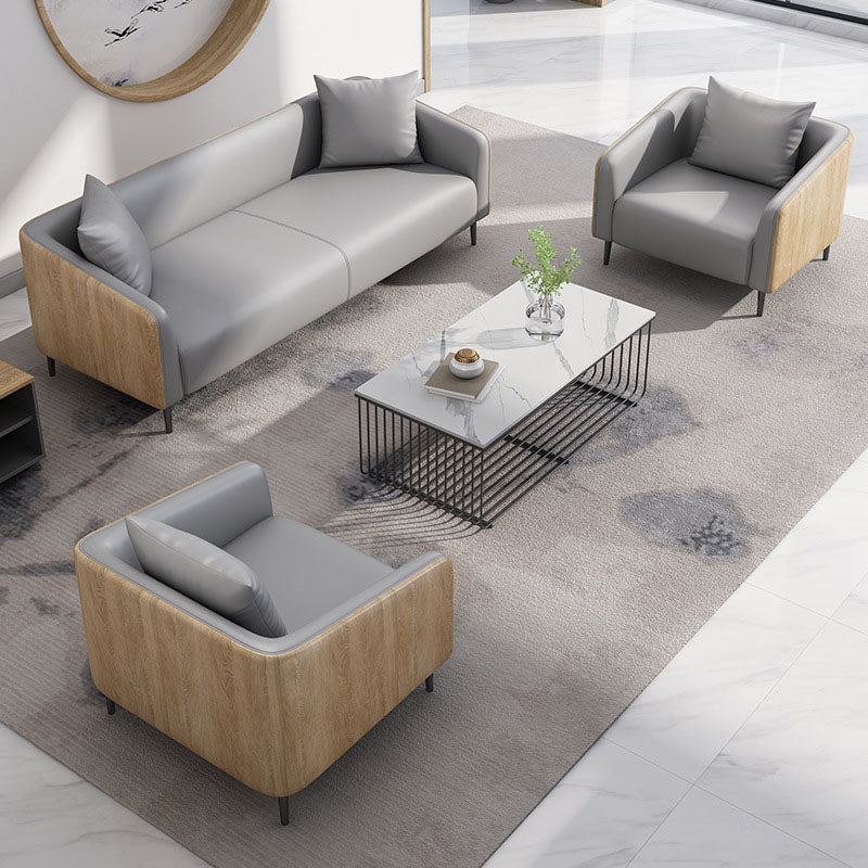 Modernism Faux Leather Sofa Tuxedo Arm Sofa with Wood Grain Accent