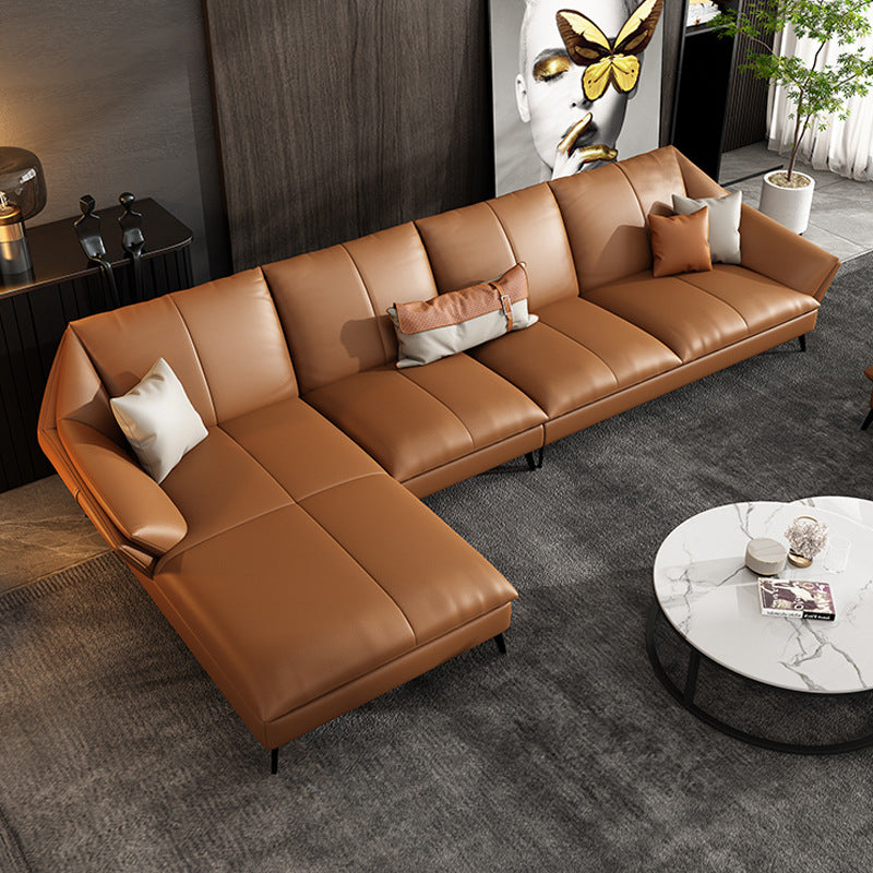 Glam Sofa Chaise Stationary Genuine Leather Flared Arm Cushions Seating