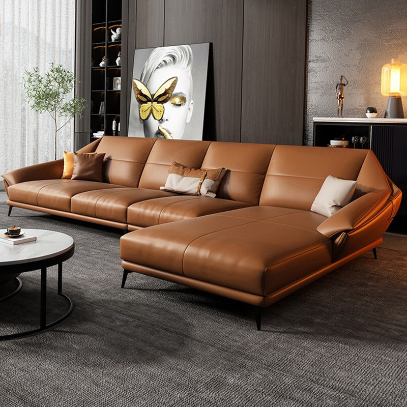 Glam Sofa Chaise Stationary Genuine Leather Flared Arm Cushions Seating