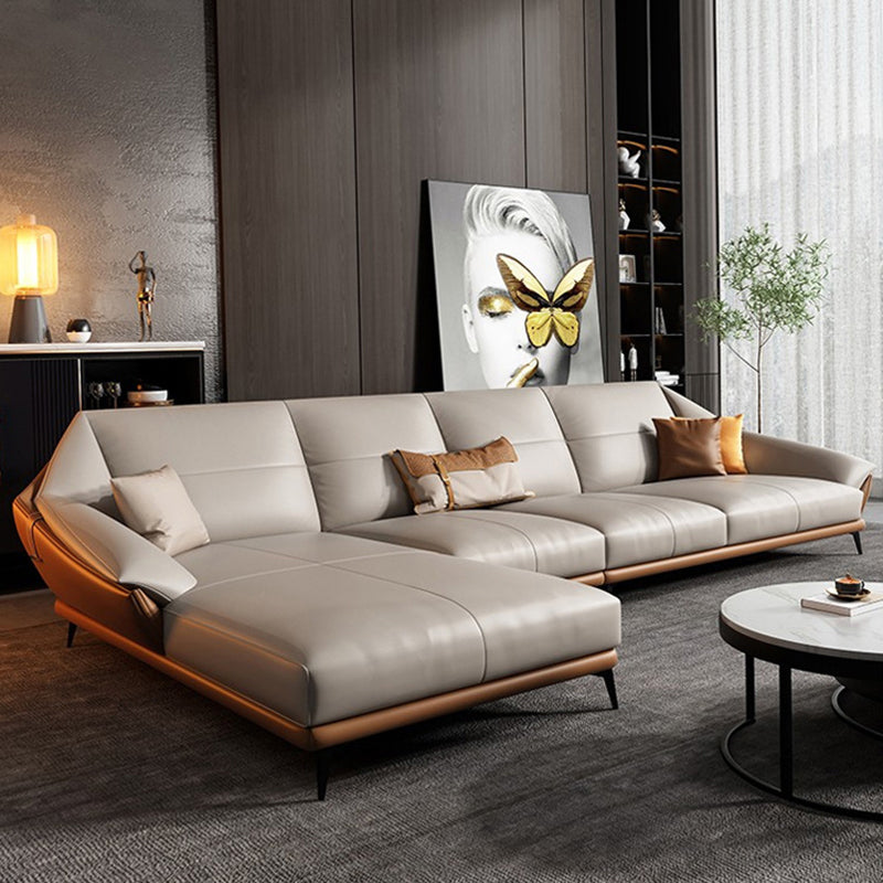 Glam Sofa Chaise Stationary Genuine Leather Flared Arm Cushions Seating