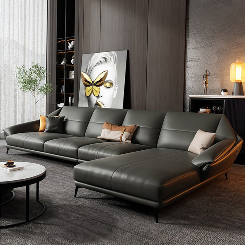Glam Sofa Chaise Stationary Genuine Leather Flared Arm Cushions Seating