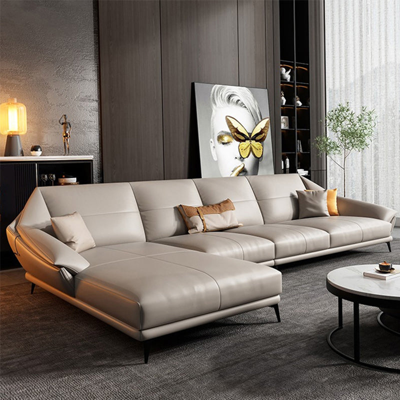 Glam Sofa Chaise Stationary Genuine Leather Flared Arm Cushions Seating
