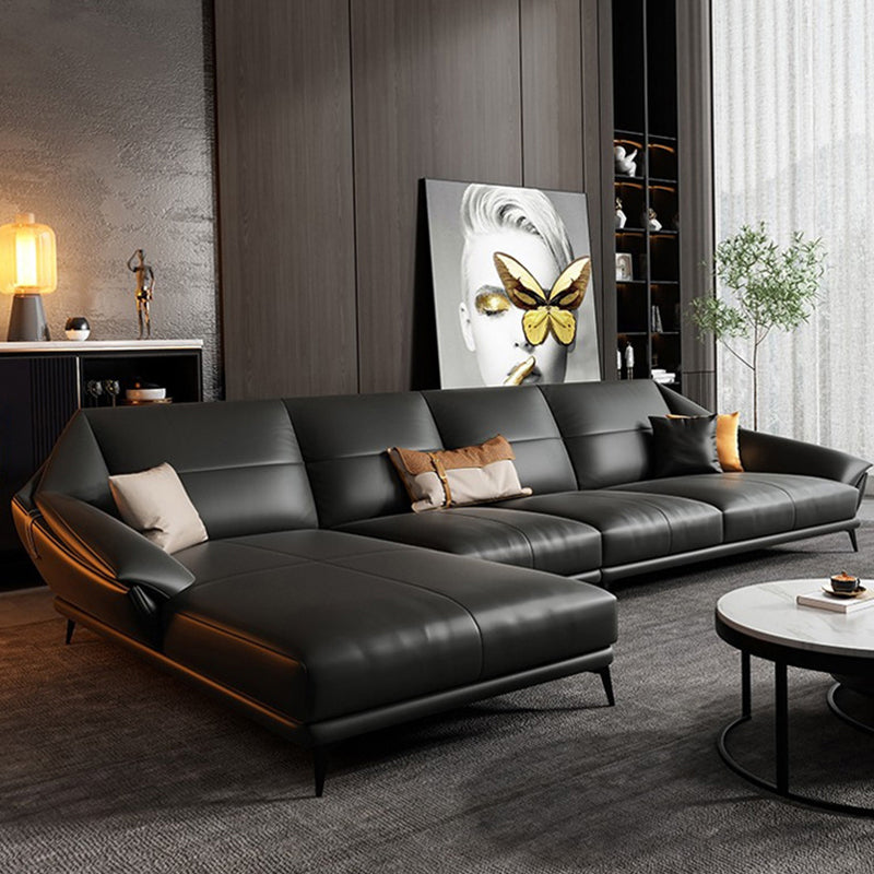 Glam Sofa Chaise Stationary Genuine Leather Flared Arm Cushions Seating