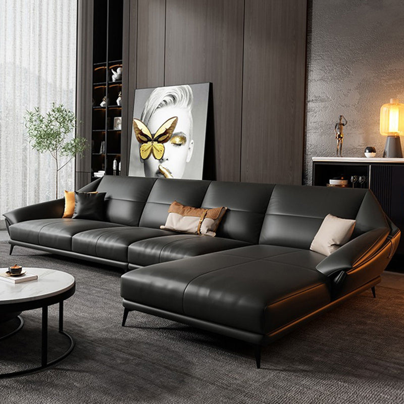 Glam Sofa Chaise Stationary Genuine Leather Flared Arm Cushions Seating