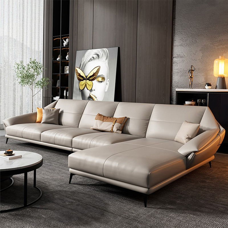Glam Sofa Chaise Stationary Genuine Leather Flared Arm Cushions Seating