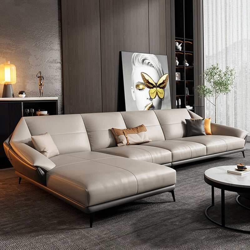 Glam Sofa Chaise Stationary Genuine Leather Flared Arm Cushions Seating