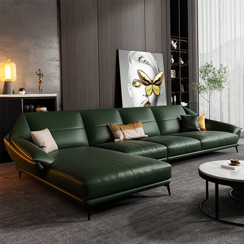 Glam Sofa Chaise Stationary Genuine Leather Flared Arm Cushions Seating