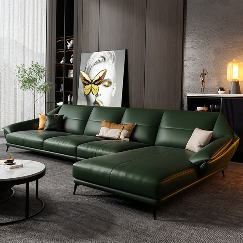 Glam Sofa Chaise Stationary Genuine Leather Flared Arm Cushions Seating