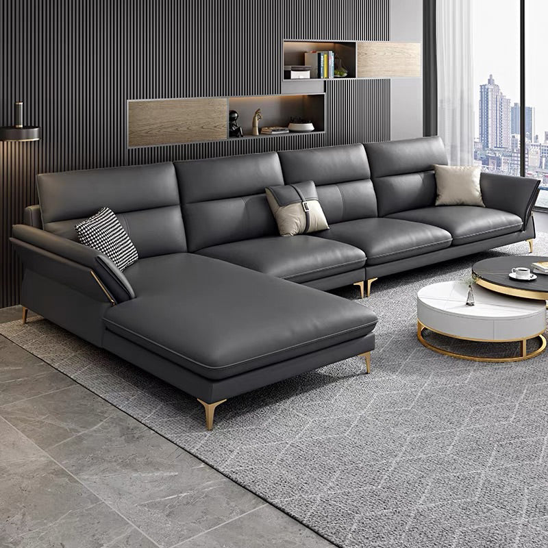 Glam Stationary Genuine Leather Living Room Flared Arm Sofa Chaise