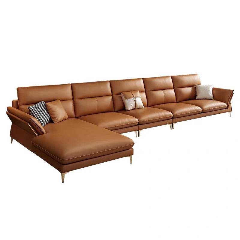 Glam Stationary Genuine Leather Living Room Flared Arm Sofa Chaise